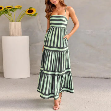 BTN Striped Backless Sling Maxi Dress – Women’s Summer Dress with Pockets