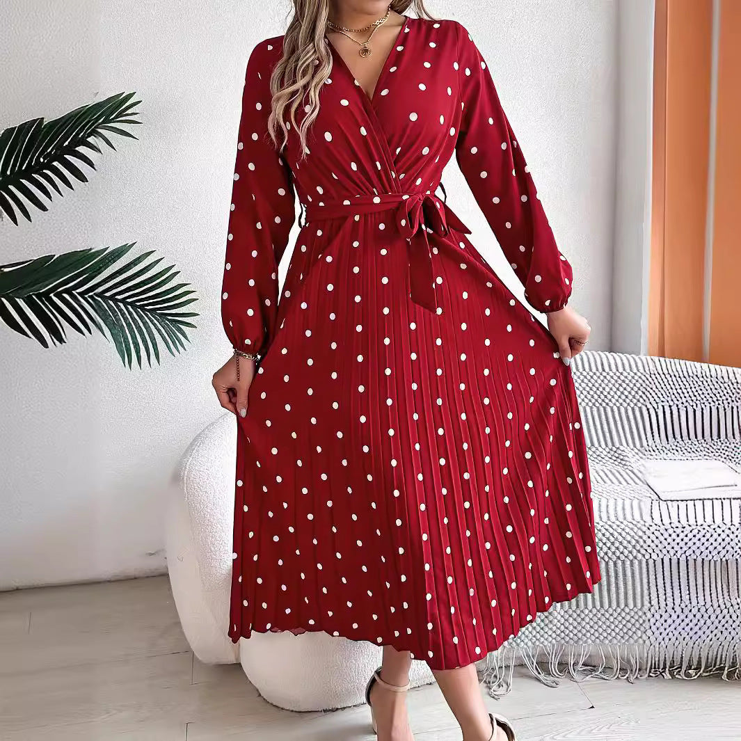 Polka Dot Pleated Long Dress – V-Neck, High Waist, Elegant & Breezy Style