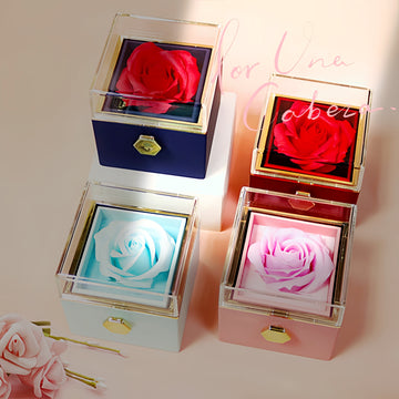 BTN Rotating Rose Jewelry Gift Box – Preserved Flower & Drawer for Rings & Earrings - Baby Time Now