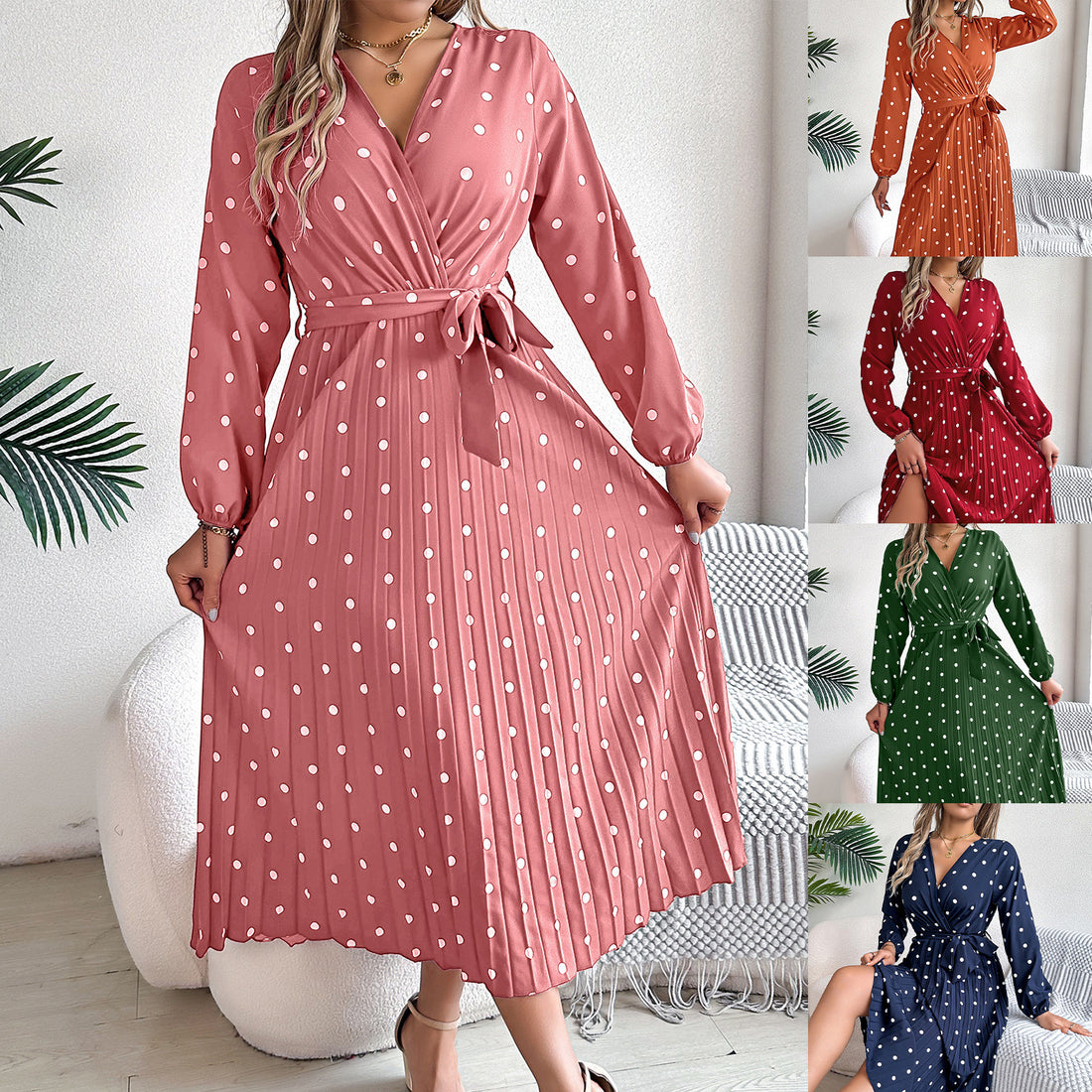 Polka Dot Pleated Long Dress – V-Neck, High Waist, Elegant & Breezy Style