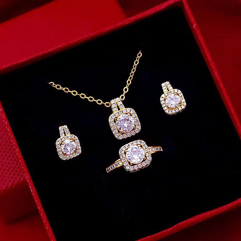 BTN Zircon Gem Jewelry Set – Gold Necklace, Earrings & Ring for Women - Baby Time Now