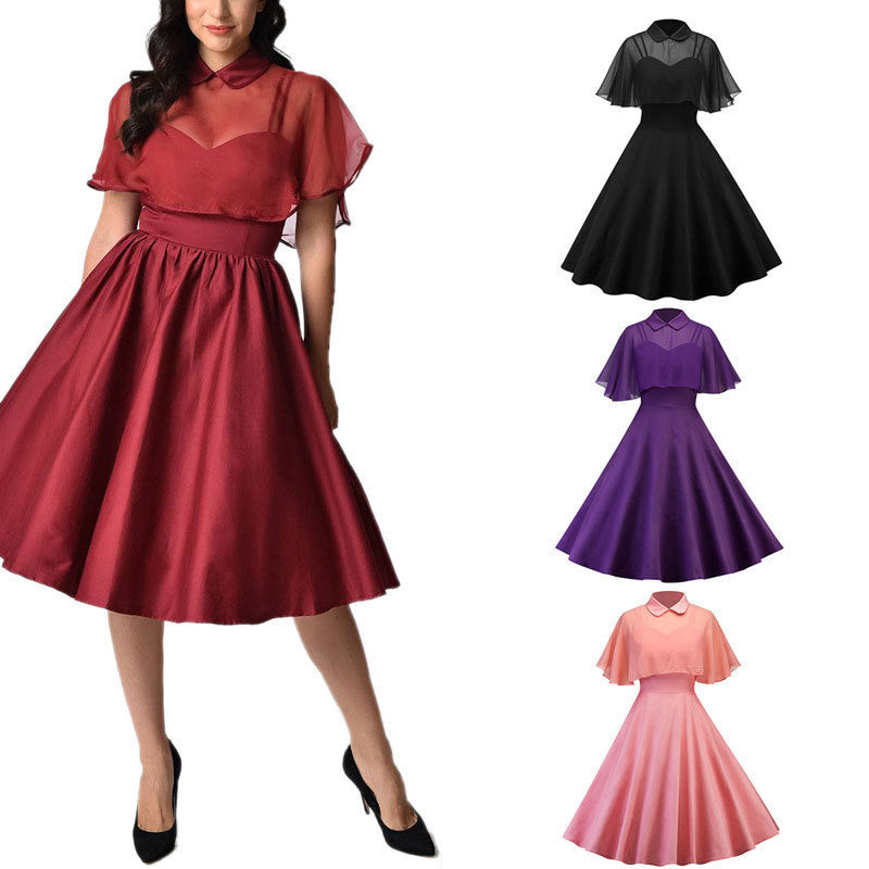 BTN Cape Shawl Two-Piece Doll Collar Dress – Mid-Length Cotton Blend Elegant Outfit - Baby Time Now