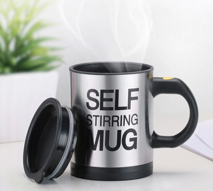 Self-stirring mug with black handle and 'SELF STIRRING MUG' text on a white surface.