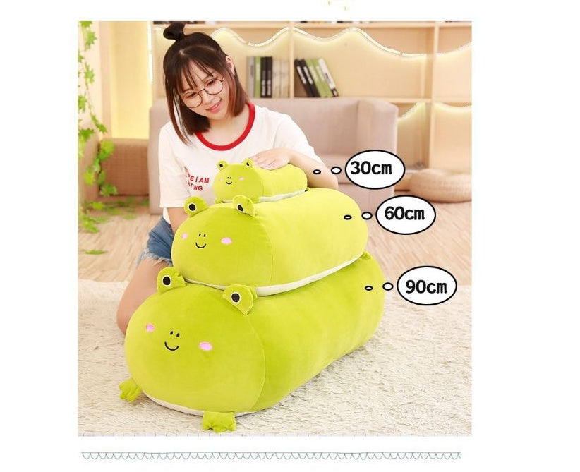 Person holding a stack of Soft plush long body pillow with cute animal designs, filled with down cotton, in 30cm–90cm sizes