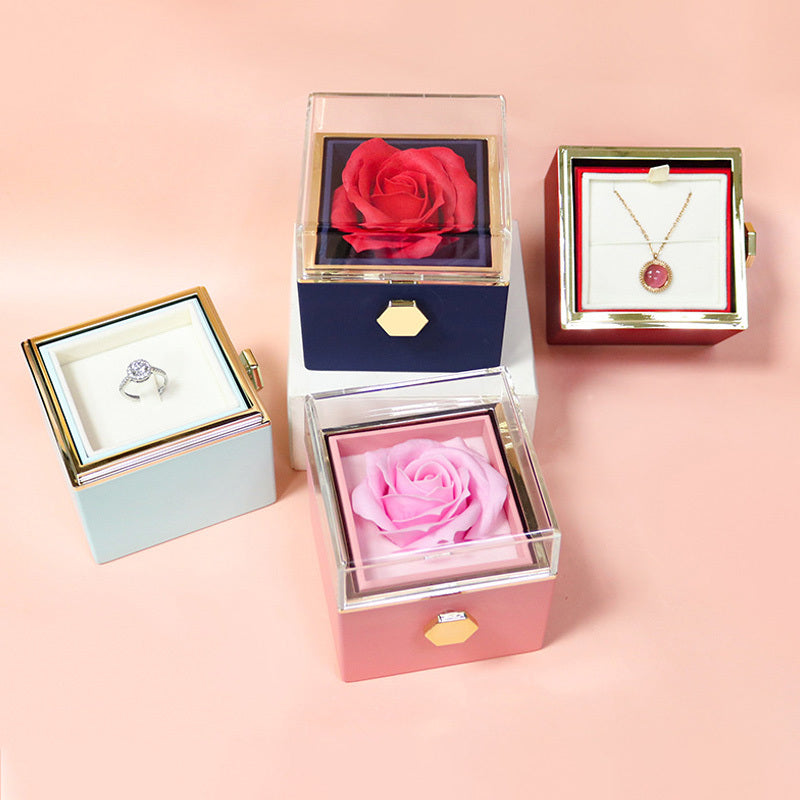 BTN Rotating Rose Jewelry Gift Box – Preserved Flower & Drawer for Rings & Earrings - Baby Time Now