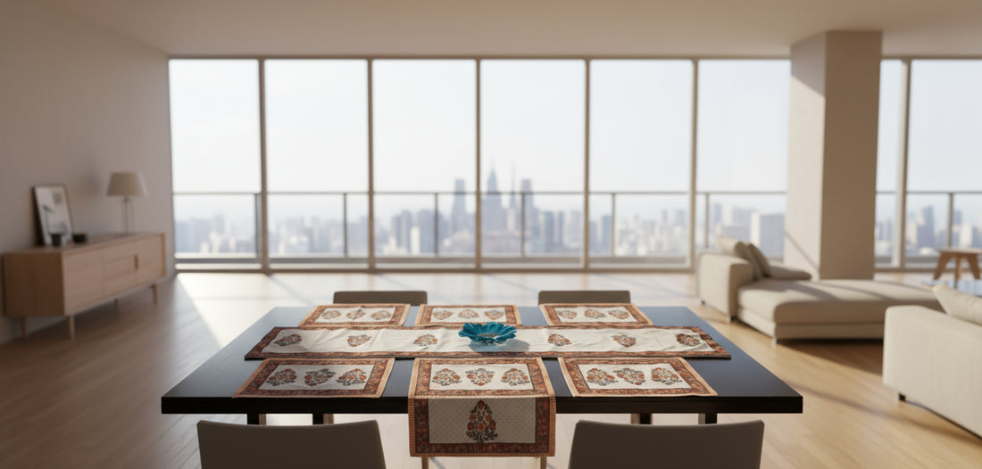 Set of decorative placemats with a central blue emblem on a dark surface