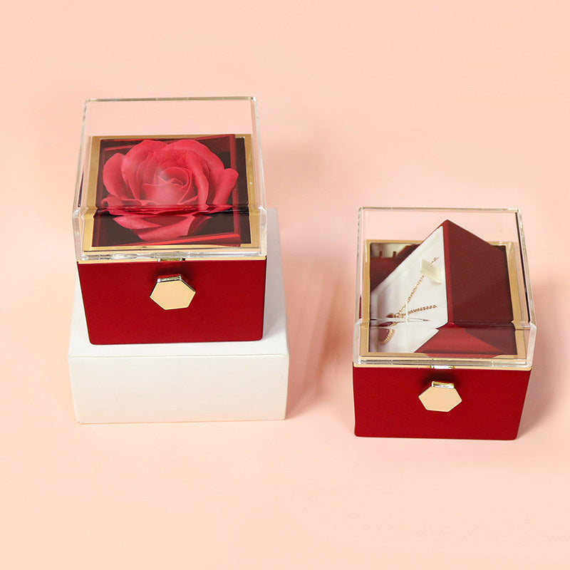 BTN Rotating Rose Jewelry Gift Box – Preserved Flower & Drawer for Rings & Earrings - Baby Time Now