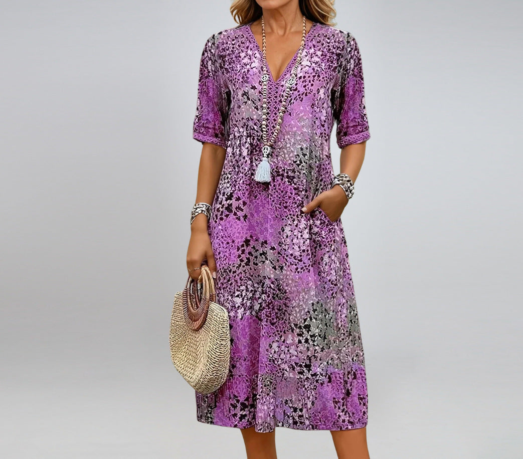 BTN Summer Ethnic Print Dress – V-Neck, Pockets, Half Sleeves, Holiday Style for Women - Baby Time Now