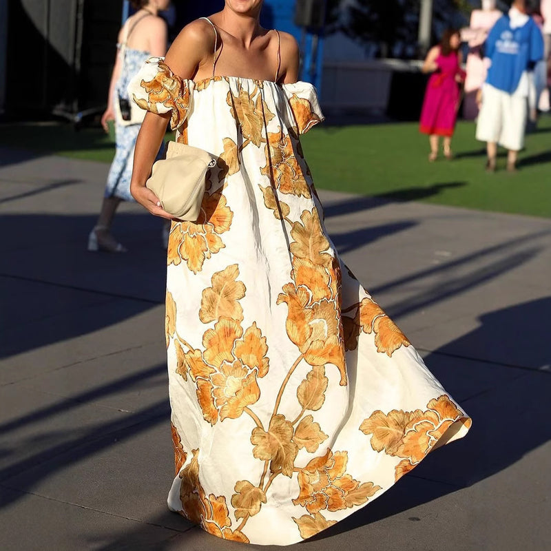 BTN Boho Vacation Sling Dress – Printed Summer Style with Elastic Fit (S–XXL, Yellow) - Baby Time Now