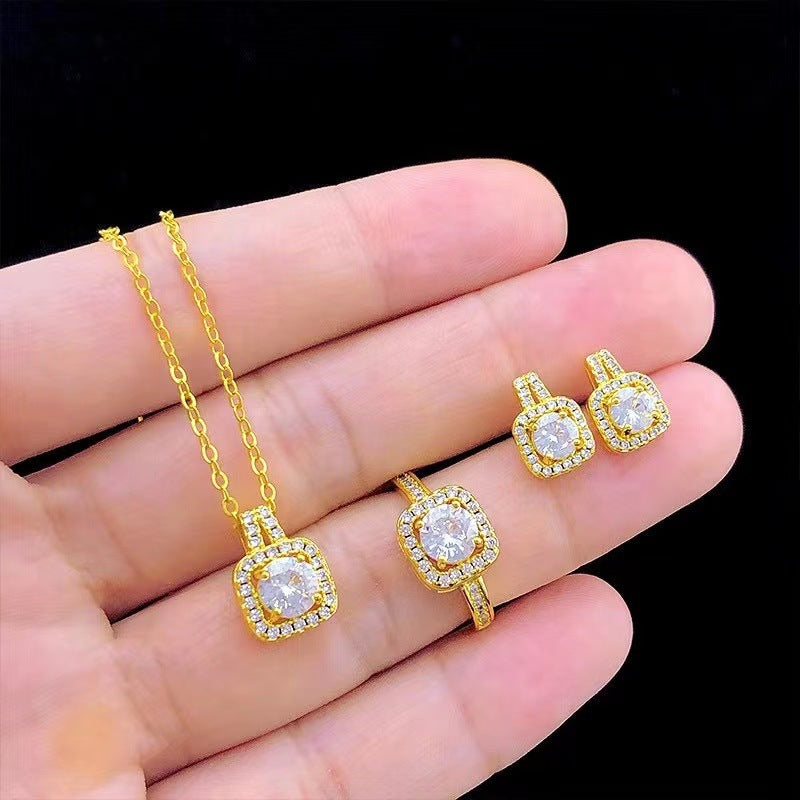 BTN Zircon Gem Jewelry Set – Gold Necklace, Earrings & Ring for Women - Baby Time Now