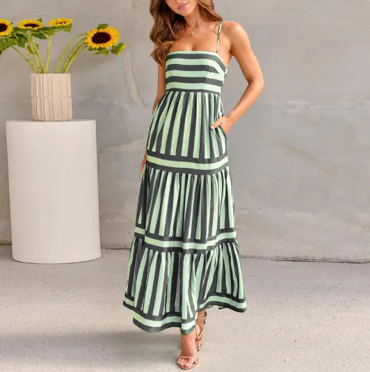 BTN Striped Backless Sling Maxi Dress – Women’s Summer Dress with Pockets