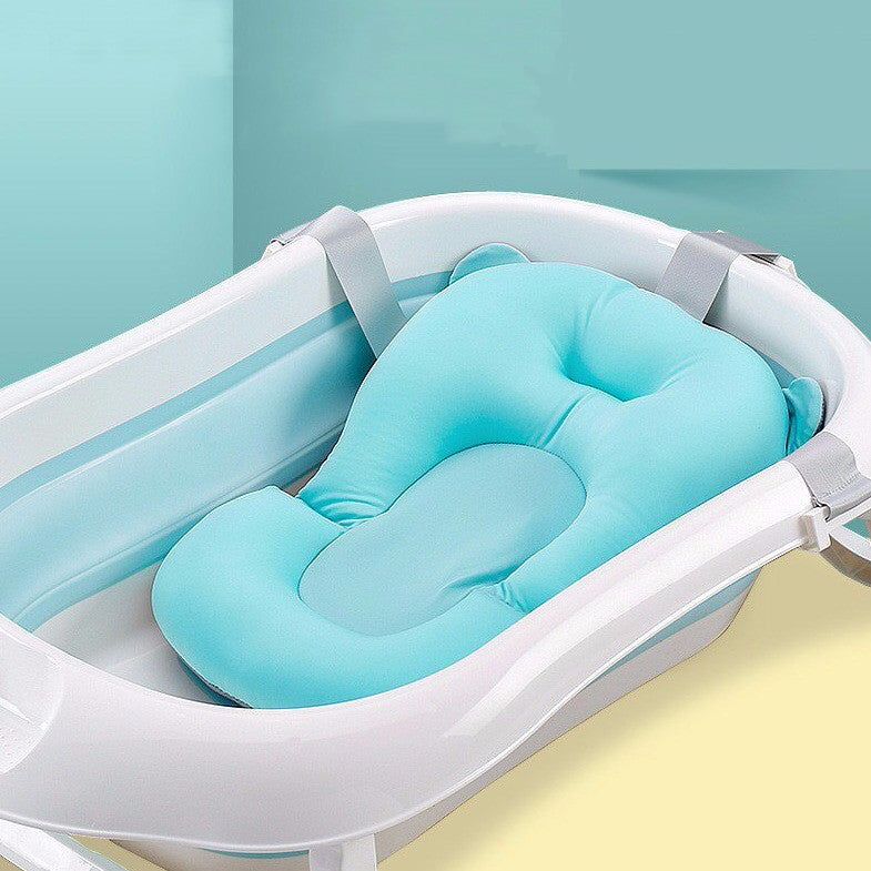 Soft baby bath suspension net in pink and blue, mesh fabric with frame support for safe infant bathing