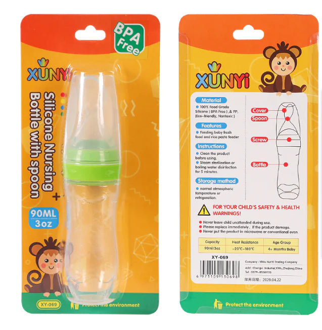 Silicone Infant Feeder and Cereal Spoon Baby Food Bottle Set, made of safe PP material, suitable for babies 4 months and older, available in multiple colors with soft spoon for solids