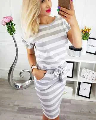 Striped Knit Dress – Polo Collar, Breathable Cotton, Comfortable Fit