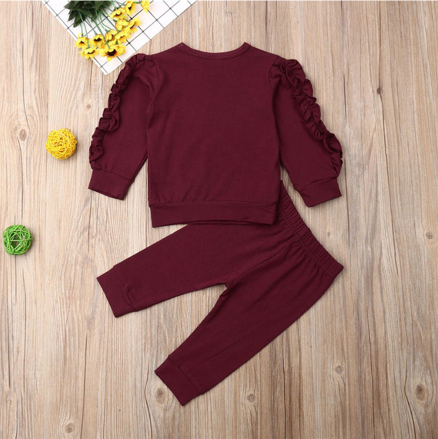 Newborn baby fall outfit – long sleeve ruffle sweatshirt and matching cotton pants in solid color, 2-piece infant clothing set for boys and girls