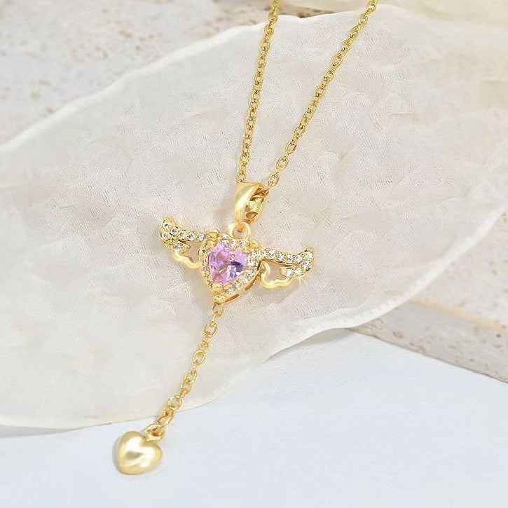 BTN Cupid Heart Angel Wings Necklace – Crystal Pendant with Tassel for Women - Baby Time Now