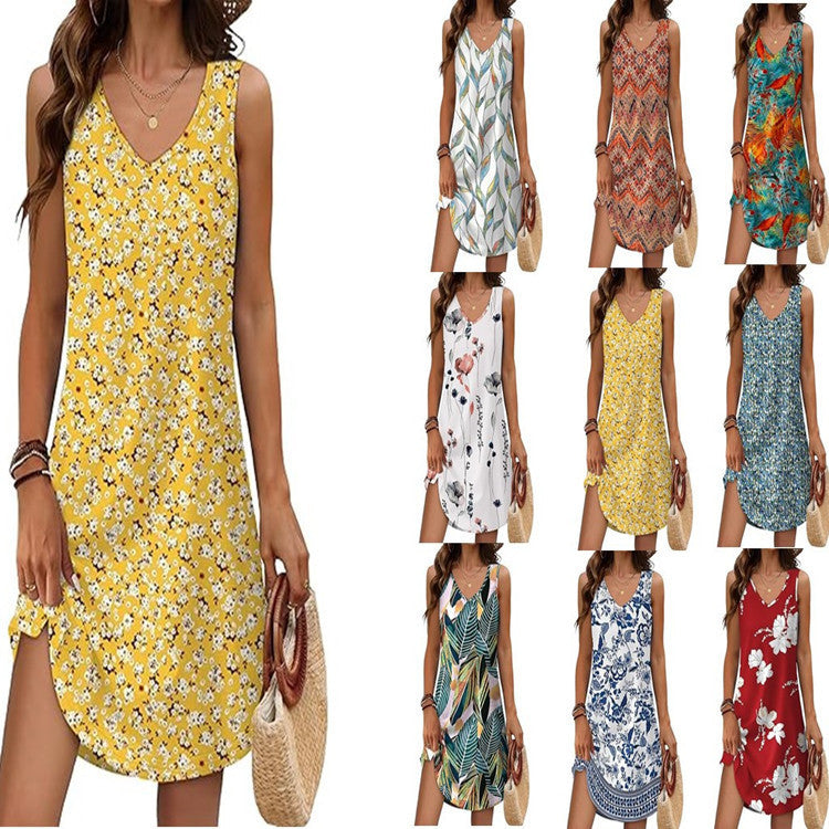 Woman in a summer floral A-line dress with V-neck, loose fit and bright color print