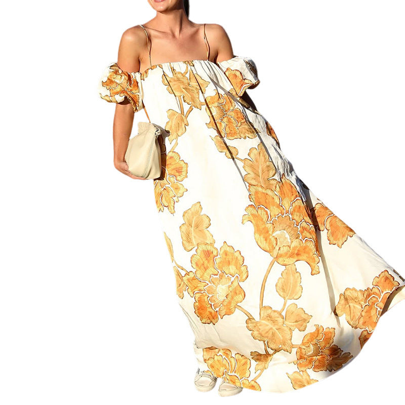 BTN Boho Vacation Sling Dress – Printed Summer Style with Elastic Fit (S–XXL, Yellow) - Baby Time Now
