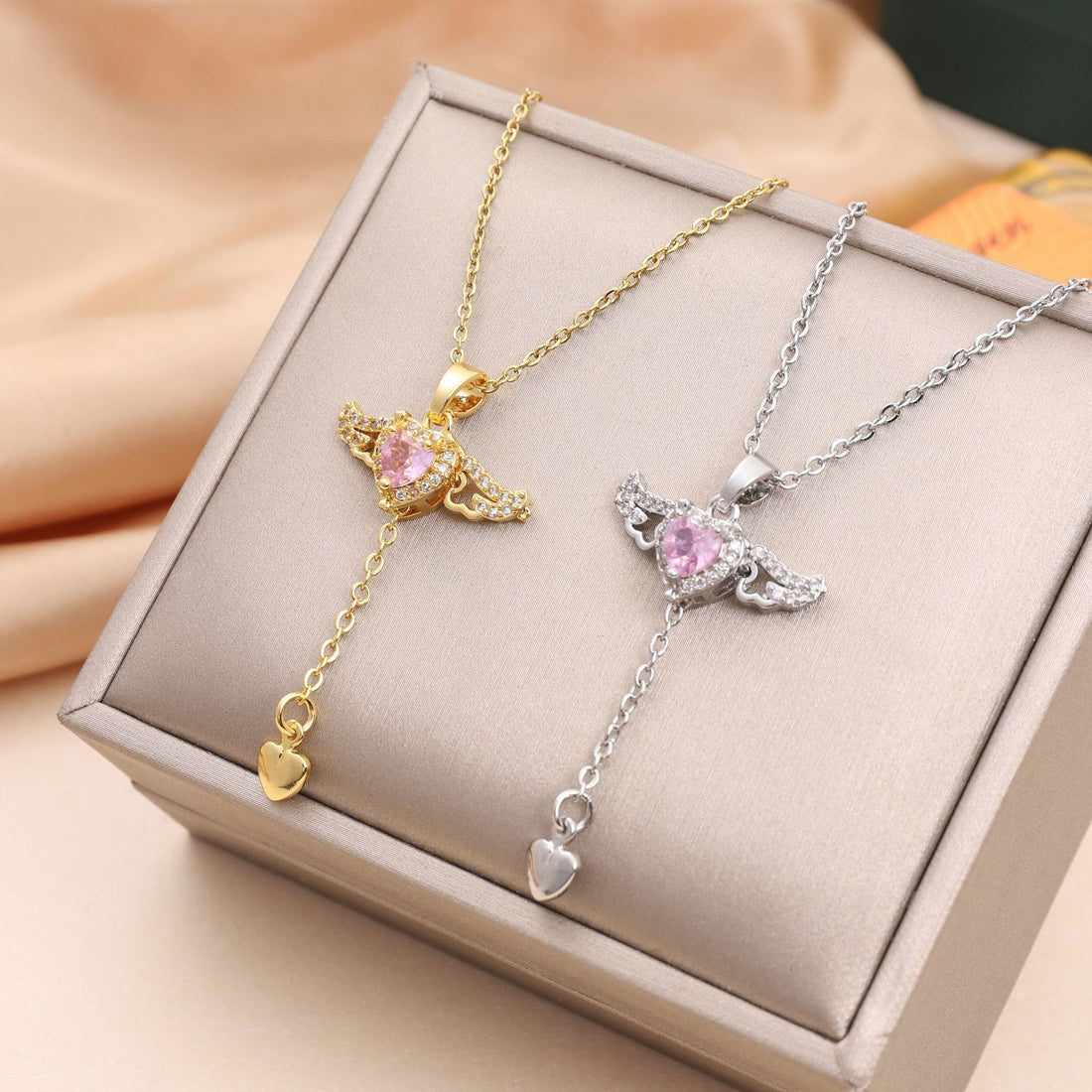 BTN Cupid Heart Angel Wings Necklace – Crystal Pendant with Tassel for Women - Baby Time Now