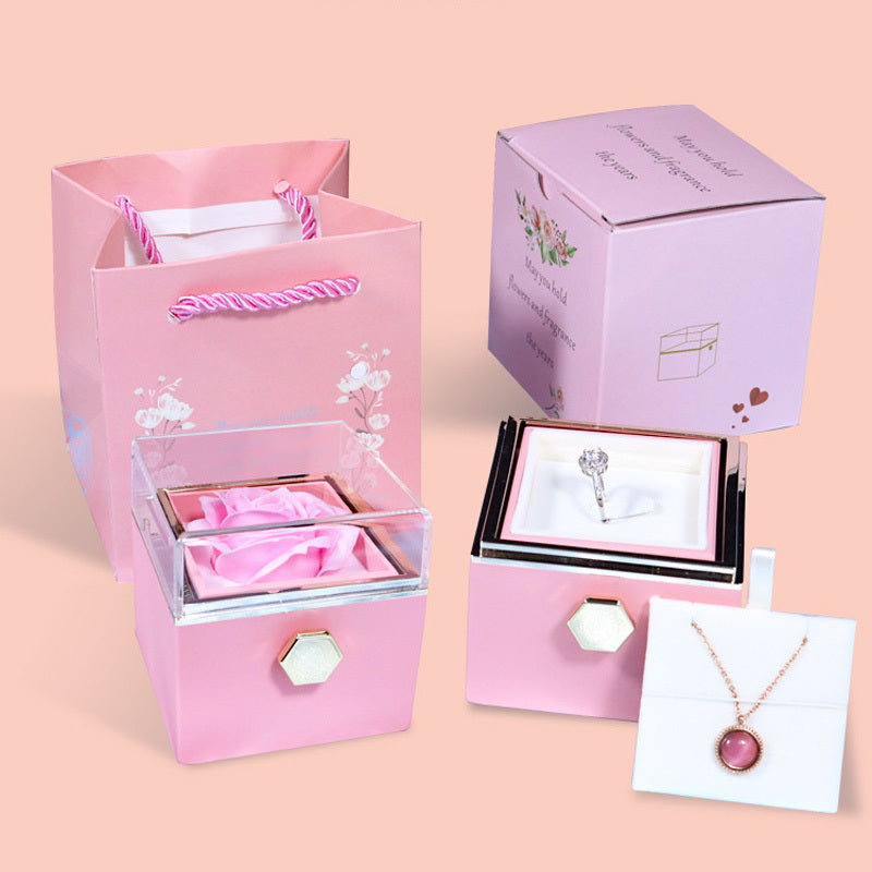 BTN Rotating Rose Jewelry Gift Box – Preserved Flower & Drawer for Rings & Earrings - Baby Time Now