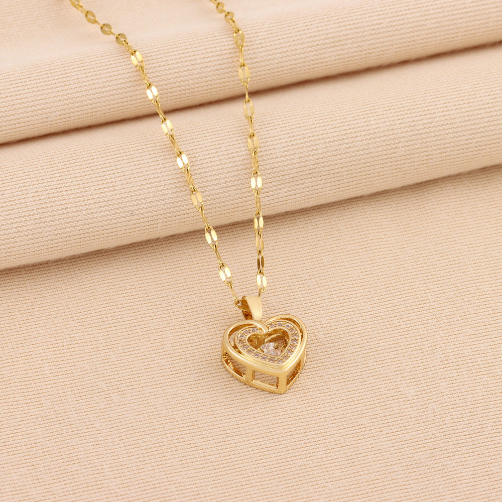 BTN Double-Layer Love Necklace – Rhinestone Titanium Steel Heart Pendant for Women - Baby Time Now