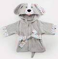 Gray dog-themed children's robe with a hood on a white background