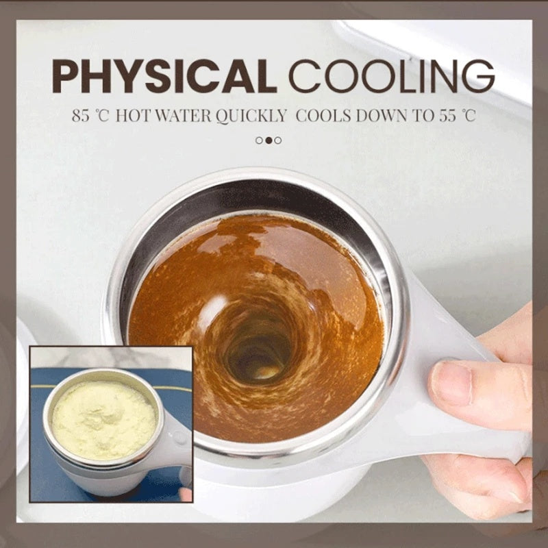 Rechargeable magnetic self-stirring coffee cup in white and brown with stainless steel interior
