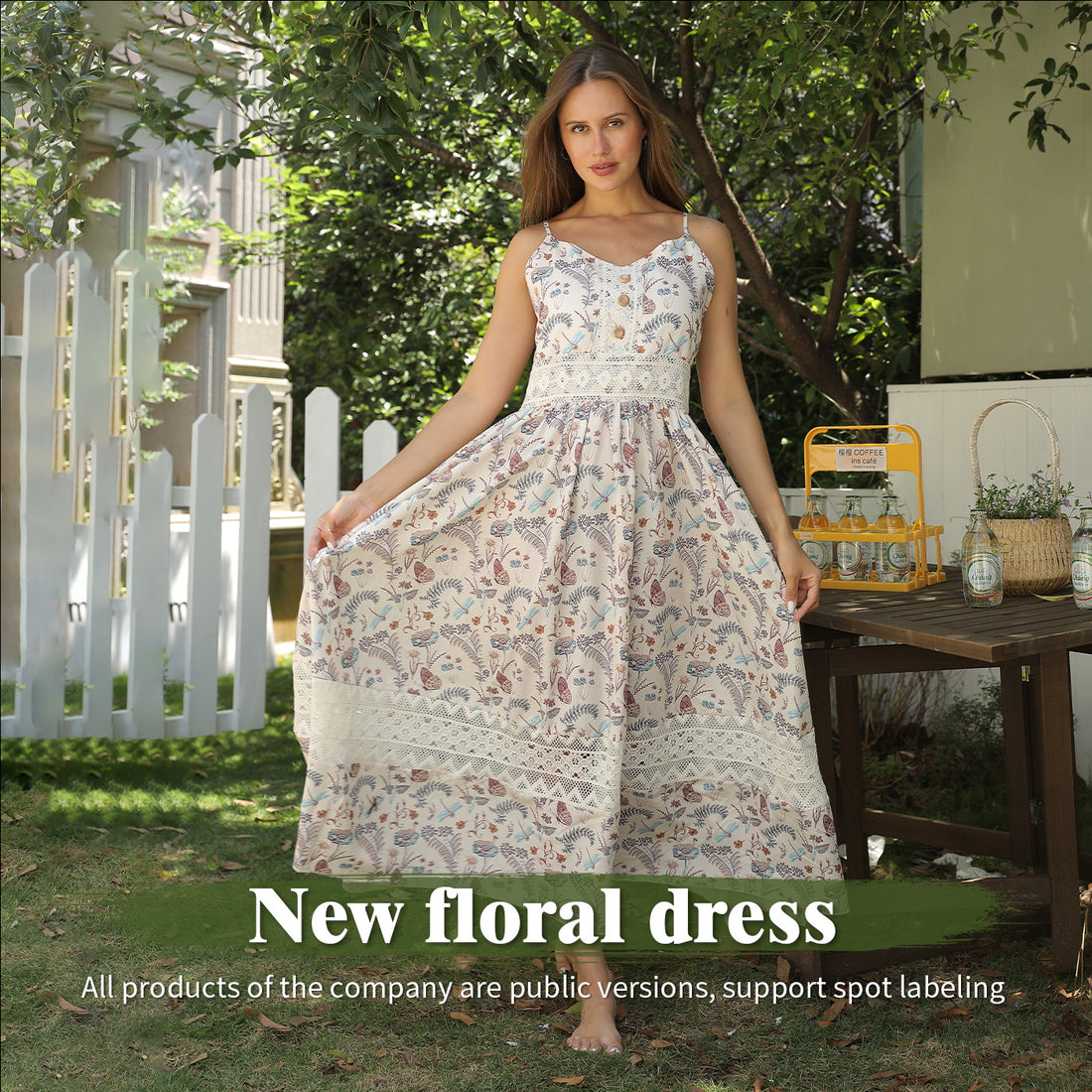 Woman wearing a lightweight sleeveless floral suspender dress in summer, available in M–XXL sizes