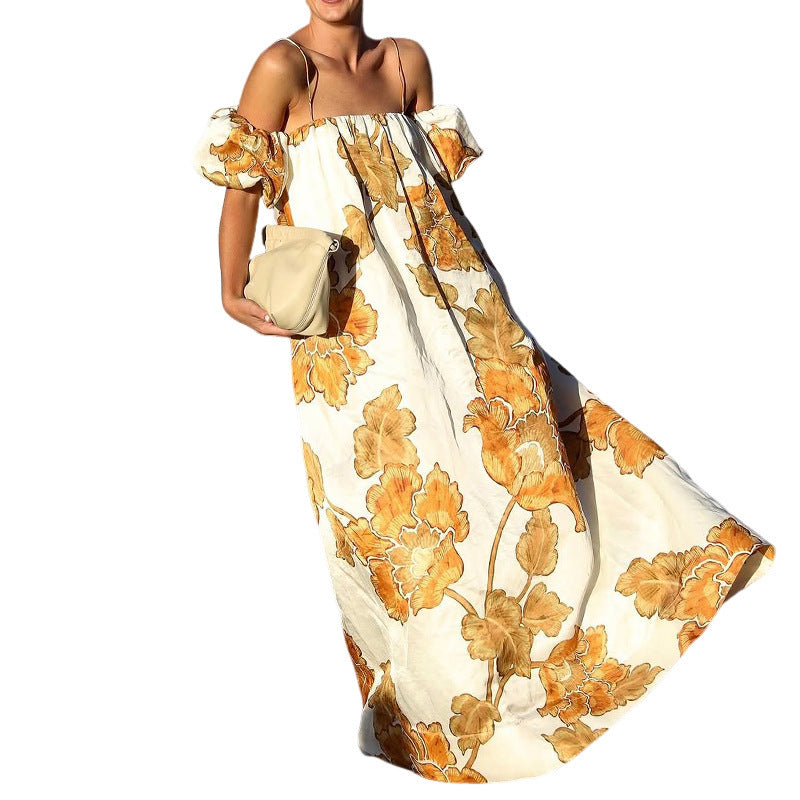 BTN Boho Vacation Sling Dress – Printed Summer Style with Elastic Fit (S–XXL, Yellow)