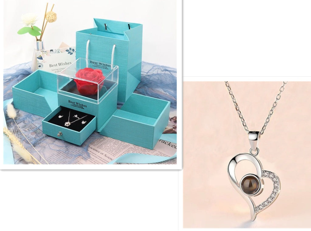 BTN Metal Rose Jewelry Gift Box with Crystal Necklace – Valentine’s & Wedding Gift - Baby Time Now