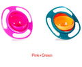 Two colorful baby spinners, one pink and one green with orange center, on a white background.