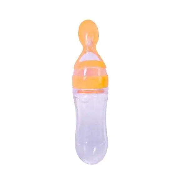 Silicone Infant Feeder and Cereal Spoon Baby Food Bottle Set, made of safe PP material, suitable for babies 4 months and older, available in multiple colors with soft spoon for solids