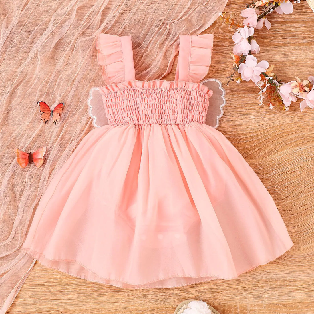 Baby Girl Smocking Sling Butterfly Mesh Gown - Baby Time Now