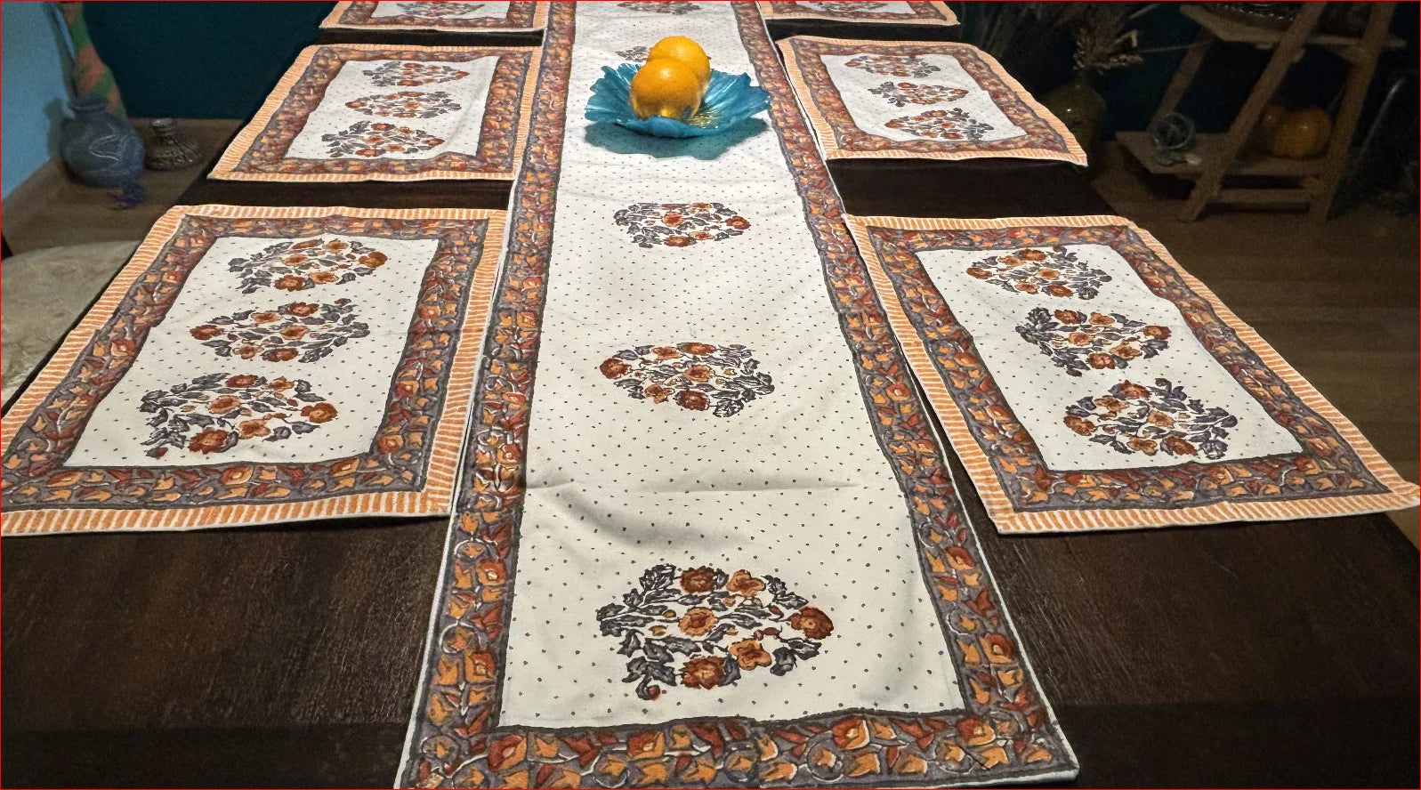 Block Printed 100% Cotton Dining Table Runner & 6 Mats Set – Elegant Handcrafted Decor
