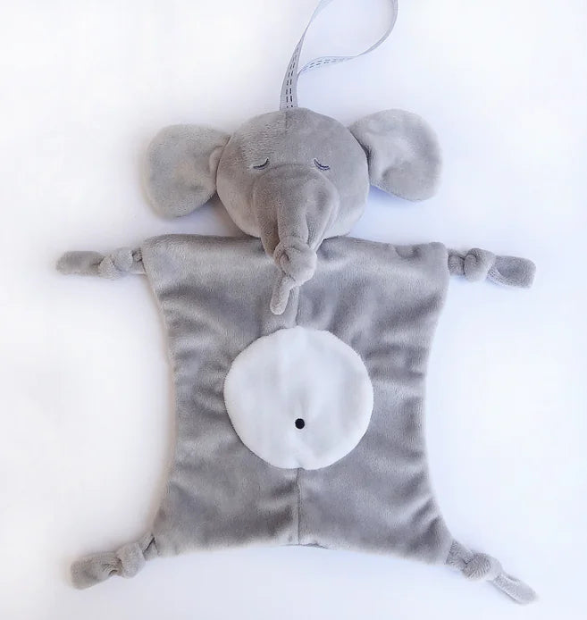 Gray elephant plush toy with a white circle on a white background