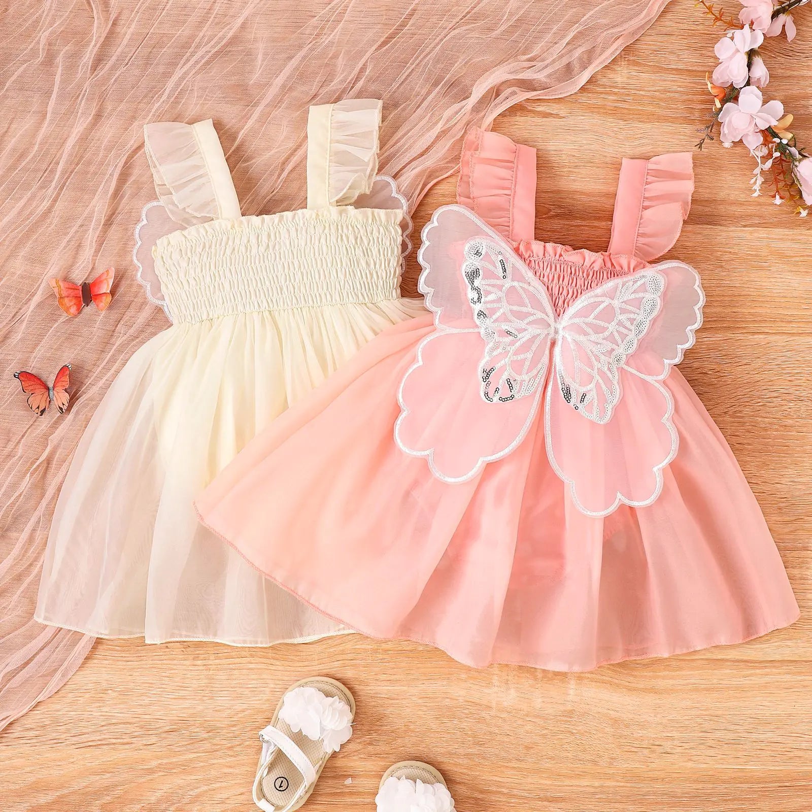 Baby Girl Smocking Sling Butterfly Mesh Gown - Baby Time Now