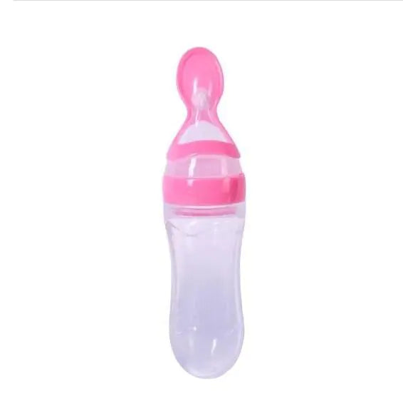 Silicone Infant Feeder and Cereal Spoon Baby Food Bottle Set, made of safe PP material, suitable for babies 4 months and older, available in multiple colors with soft spoon for solids