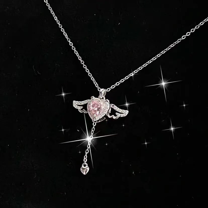BTN Cupid Heart Angel Wings Necklace – Crystal Pendant with Tassel for Women - Baby Time Now