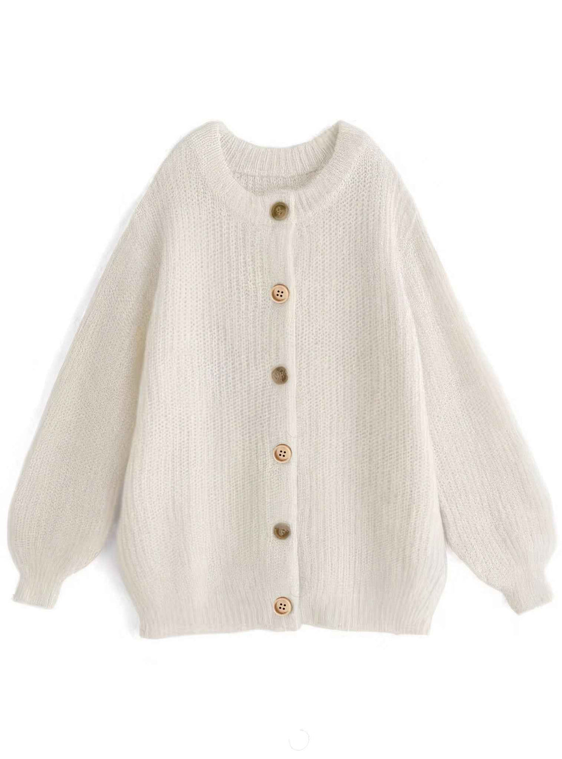 Oversized faux cashmere cardigan sweater with puff sleeves, gold trim, and dual buttons, soft and stylish fall/spring jacket