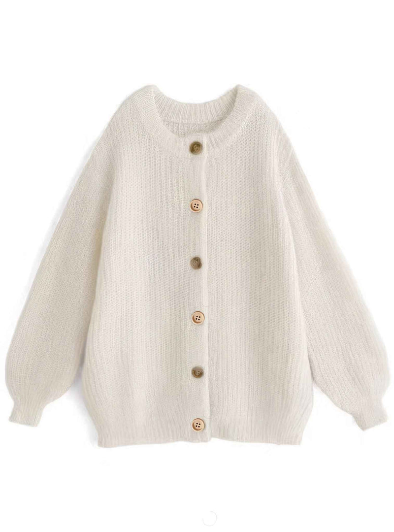 Oversized Faux Cashmere Cardigan Sweater – Puff Sleeves, Gold Trim, Dual Buttons | Soft & Stylish Fall/Spring Jacket