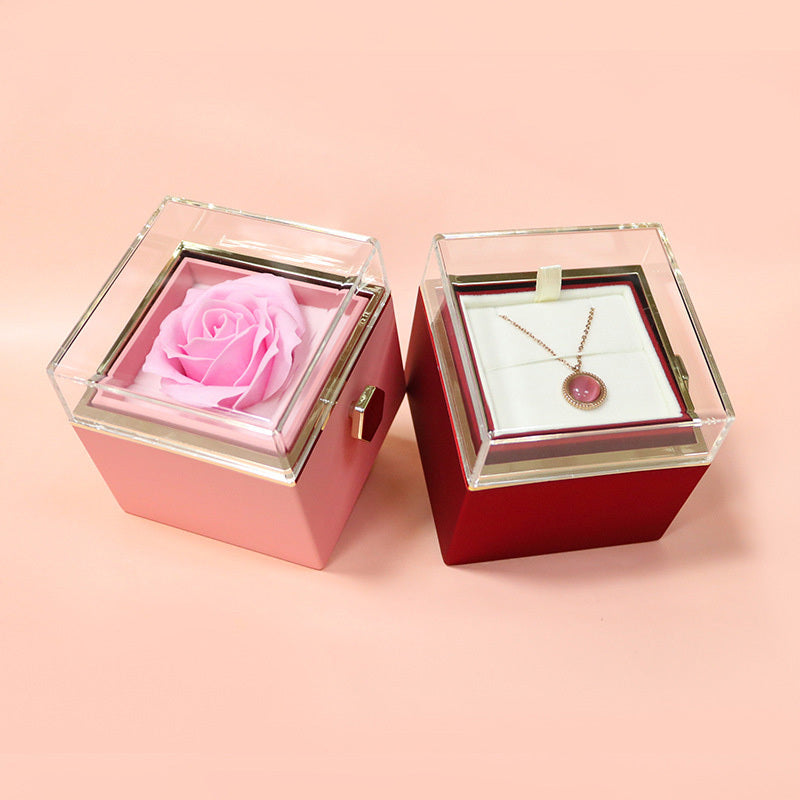 BTN Rotating Rose Jewelry Gift Box – Preserved Flower & Drawer for Rings & Earrings - Baby Time Now