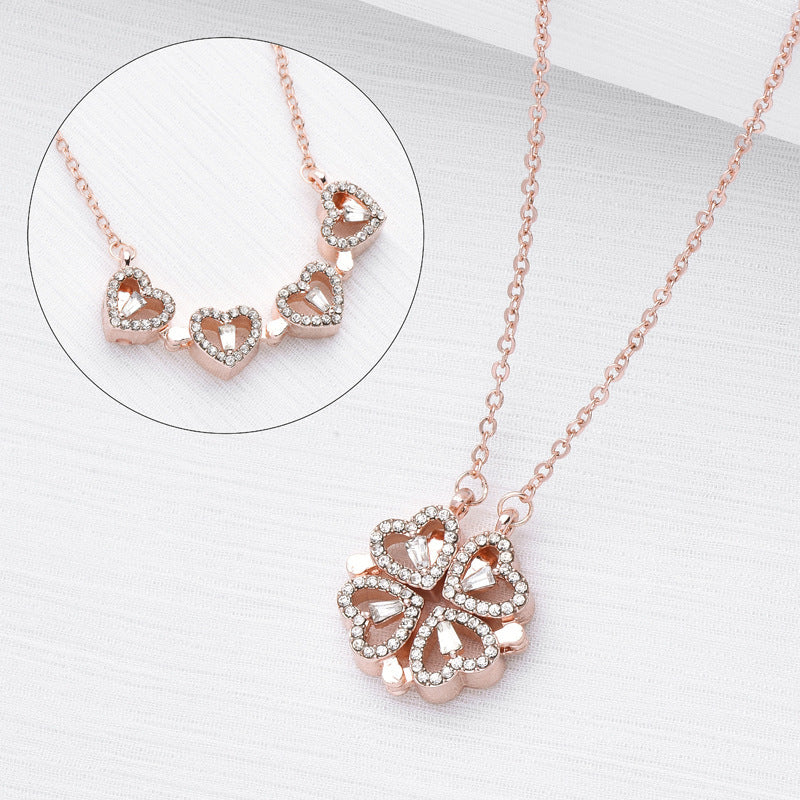 BTN Retro Folding Heart Clover Pendant Necklace – Magnetic 4-in-1 Love & Luck Jewelry - Baby Time Now