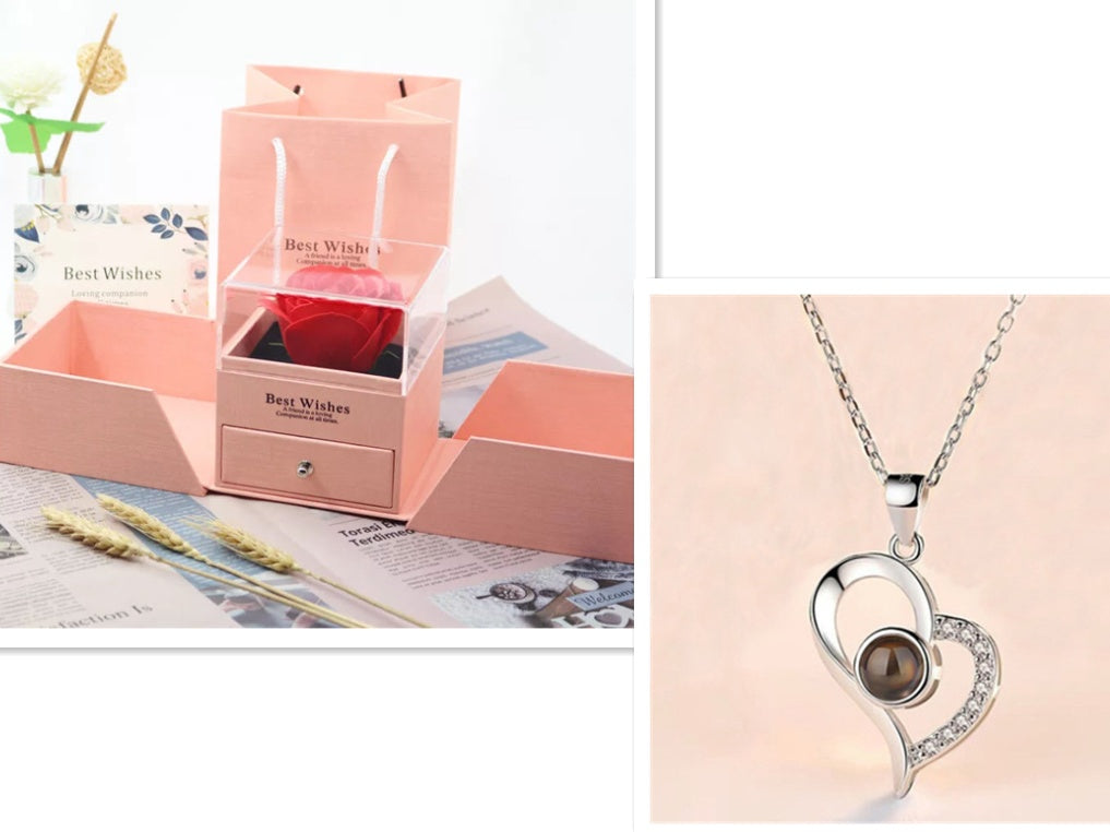 BTN Metal Rose Jewelry Gift Box with Crystal Necklace – Valentine’s & Wedding Gift - Baby Time Now
