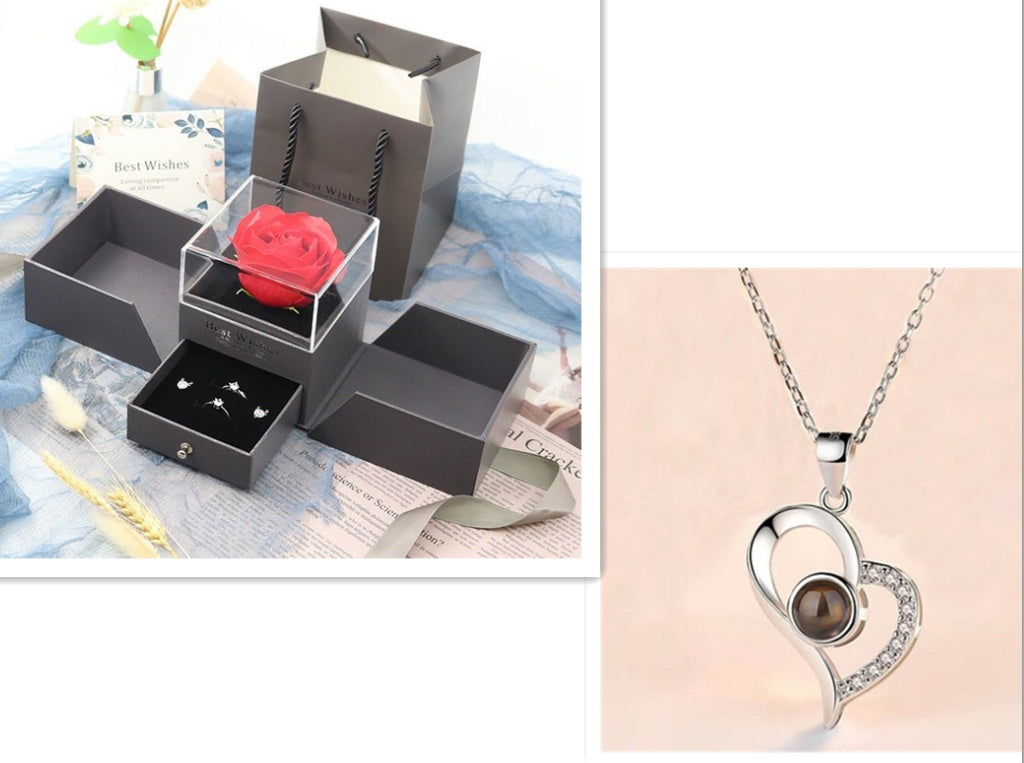BTN Metal Rose Jewelry Gift Box with Crystal Necklace – Valentine’s & Wedding Gift - Baby Time Now