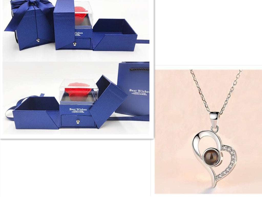 BTN Metal Rose Jewelry Gift Box with Crystal Necklace – Valentine’s & Wedding Gift - Baby Time Now