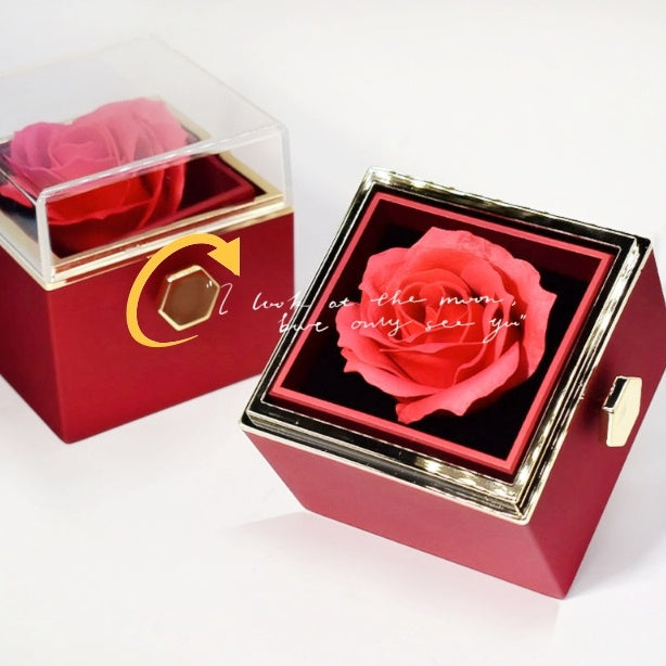 BTN Rotating Rose Jewelry Gift Box – Preserved Flower & Drawer for Rings & Earrings - Baby Time Now