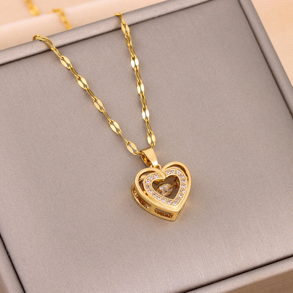BTN Double-Layer Love Necklace – Rhinestone Titanium Steel Heart Pendant for Women - Baby Time Now