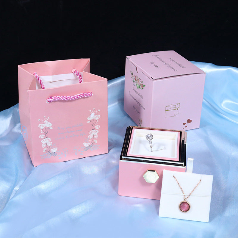 BTN Rotating Rose Jewelry Gift Box – Preserved Flower & Drawer for Rings & Earrings - Baby Time Now