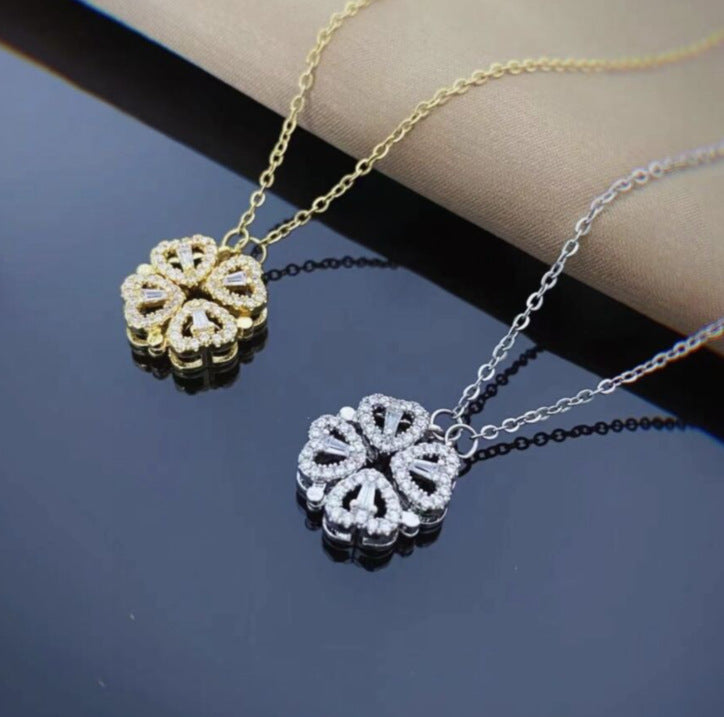 BTN Retro Folding Heart Clover Pendant Necklace – Magnetic 4-in-1 Love & Luck Jewelry - Baby Time Now