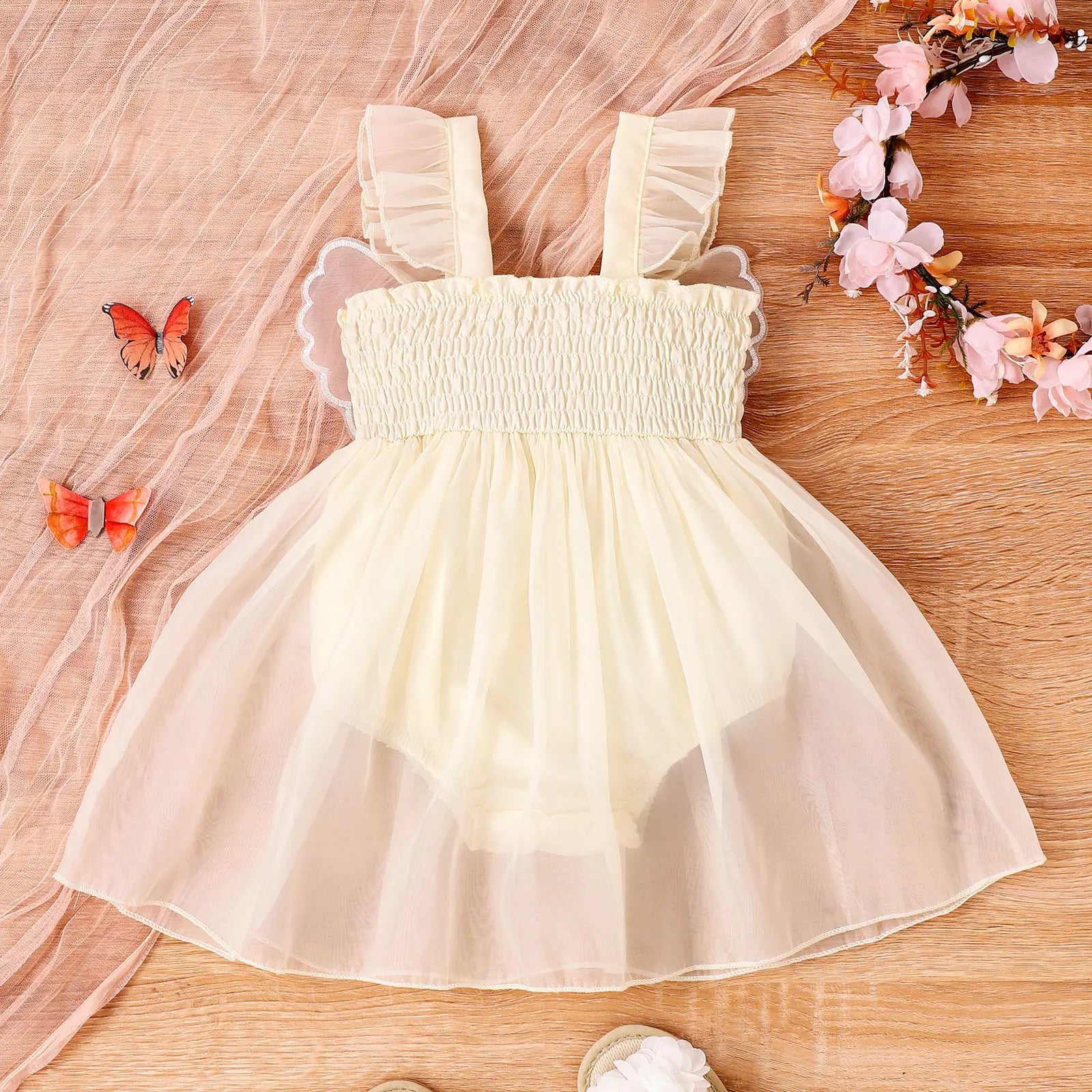 Baby Girl Smocking Sling Butterfly Mesh Gown - Baby Time Now